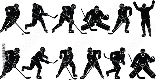 Ice hockey players in various positional actions silhouettes