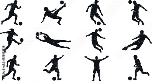 Collection of black silhouettes of soccer players in various poses and actions on white background