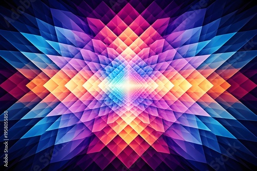 Fractal zigzag growth pattern using mirrored angular lines repeating recursively, bold vector illustration, strong contrast palette