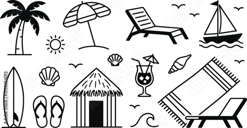Black line beach icons set including palm tree sailboat lounge chair hut surfboard and tropical symbols on white background for summer vacation and travel design