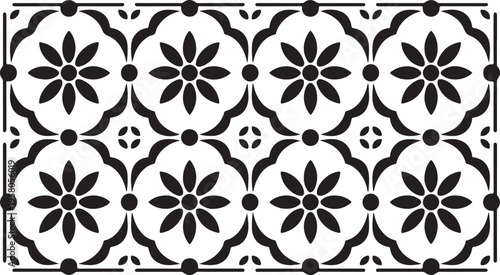 Black and white floral pattern design with repeating flowers and geometric shapes