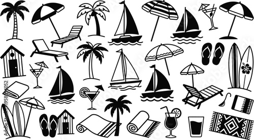Black and white beach icons set with palm trees sailboats umbrellas and tropical drinks on white background for summer vacation design