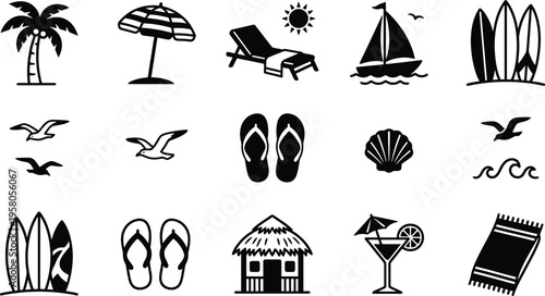 Black and white beach icons set including palm tree surfboard sailboat flip flops cocktail hut towel and seashell on white background for summer vacation and travel concepts
