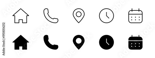 A set of common user interface icons including home phone location clock and calendar symbols