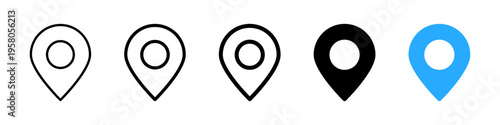 A collection of five different map pin location icons displayed in various line and fill styles