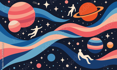 Abstract Space Exploration Illustration with Astronauts and Colorful Planets.