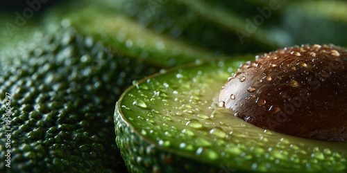 Fresh, sliced avocado, showcasing the vibrant green fruit with a glistening appearance