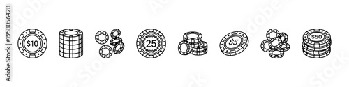 Minimal casino chip icons: stacks, scattered chips, and values. Perfect for gambling, betting, and casino visuals.
