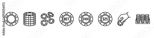 Minimal casino chip icons: stacks, scattered chips, and values. Perfect for gambling, betting, and casino visuals.