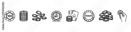 Minimal casino chip icons: stacks, scattered chips, and values. Perfect for gambling, betting, and casino visuals.