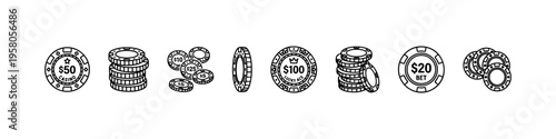 Minimal casino chip icons: stacks, scattered chips, and values. Perfect for gambling, betting, and casino visuals.