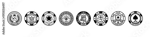 Minimal casino chip icons: crown, star, spade, dice, and stack. Perfect for gambling, betting, and casino visuals.