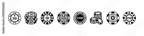 Minimal poker chip icons Casino, patterns, and stacks. Perfect for gambling, betting, and casino visuals.