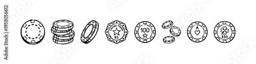 Minimal casino chip icons: values 10–1000, star, laurel, and WIN. Perfect for gambling, betting, and casino visuals.