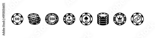 Minimal poker chip icons Casino, patterns, and stacks. Perfect for gambling, betting, and casino visuals.