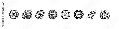 Minimal casino chip icons: values 10–1000, star, laurel, and WIN. Perfect for gambling, betting, and casino visuals.