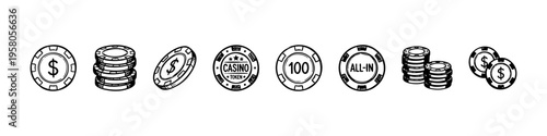 Minimal casino chip icons: values 10–1000, star, laurel, and WIN. Perfect for gambling, betting, and casino visuals.