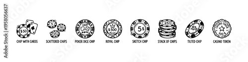 Minimal casino chip icons: values 10–1000, star, laurel, and WIN. Perfect for gambling, betting, and casino visuals.