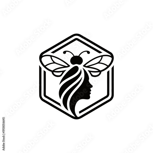 Stylized black and white logo featuring a bee with wings above a silhouette profile of a woman's head, enclosed within a hexagon shape. Represents nature and femininity, Represents nature and feminini