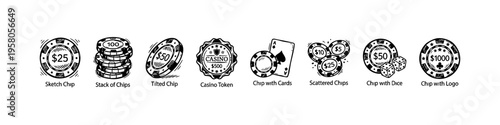 Minimal casino chip icons: values 10–1000, star, laurel, and WIN. Perfect for gambling, betting, and casino visuals.