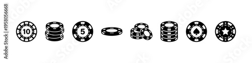 Minimal casino icons: poker chips, cards, crown, dollar, and dealer. Perfect for gambling, betting, and casino visuals.