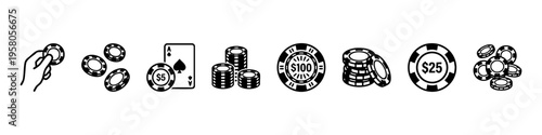 Minimal casino icons: poker chips, cards, crown, dollar, and dealer. Perfect for gambling, betting, and casino visuals.