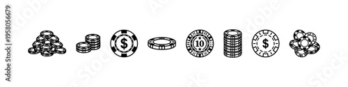 Minimal casino icons: poker chips, cards, crown, dollar, and dealer. Perfect for gambling, betting, and casino visuals.