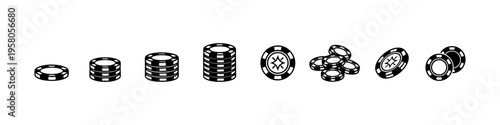 Minimal casino icons: poker chips, cards, crown, dollar, and dealer. Perfect for gambling, betting, and casino visuals.