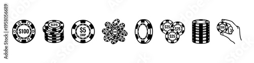 Minimal casino icons: poker chips, cards, crown, dollar, and dealer. Perfect for gambling, betting, and casino visuals.