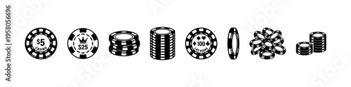 Minimal casino icons: poker chips, cards, crown, dollar, and dealer. Perfect for gambling, betting, and casino visuals.
