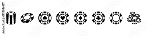 Minimal casino icons: poker chips, cards, crown, dollar, and dealer. Perfect for gambling, betting, and casino visuals.