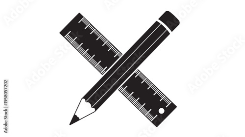 Pencil and ruler icon with black simple lines, symbolizing education and design. featuring drawing, writing, measuring with tool and instrument