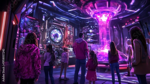 A family observes a futuristic glowing energy containment field display inside a darkly lit science fiction museum or futuristic exhibition hall with neon accents