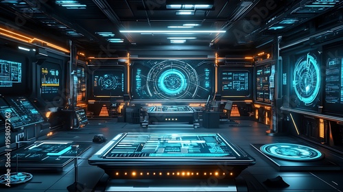 Intricate futuristic command center glowing with vibrant cyan holographic displays and operational panels suggesting advanced technological management or simulation environments