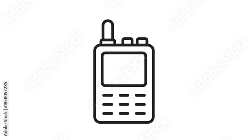 Walkie talkie icon with screen and buttons, simple line art communication device illustration featuring radio, portable, electronic with technology