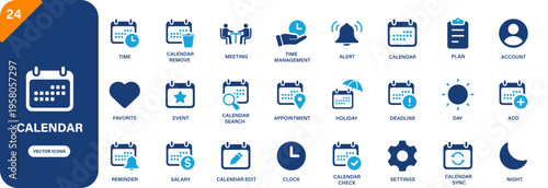 Calendar icon collection featuring time management, event, plan, alert and holiday symbols. Solid vector icons.