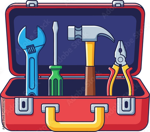 An open red toolbox filled with essential hand tools including a blue wrench, green screwdriver, hammer, and yellow-handled pliers.