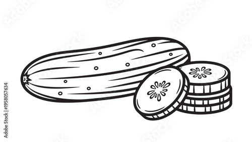 Cucumber whole and sliced with seeds, hand-drawn linear illustration on white background, simple outline drawing.