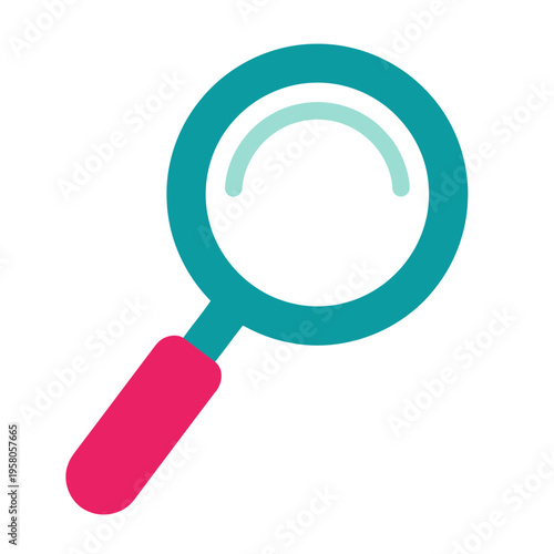 Vibrant teal and pink flat design magnifying glass icon representing search, discovery, and detailed investigation, ideal for user interface elements or conceptual graphics