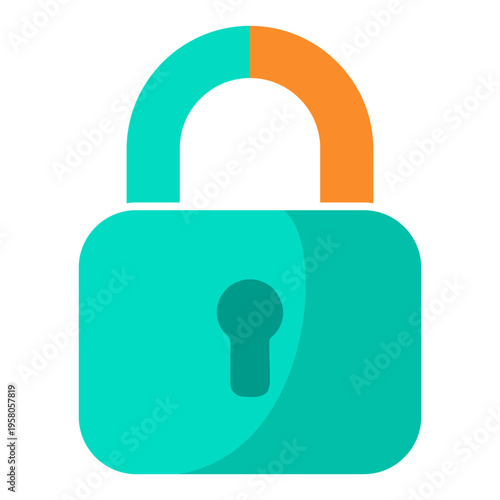 Modern digital padlock icon representing robust security and data protection, featuring a vibrant teal body and an orange shackle, ideal for user interface designs and secure system indicators
