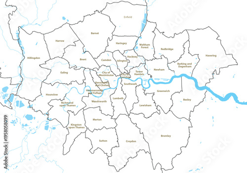 Map of London boroughs administrative divisions vector illustration