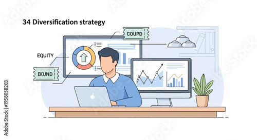 Flat illustration of man working on laptop and computer with financial charts an