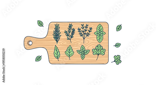 Wooden cutting board with herbs on it.