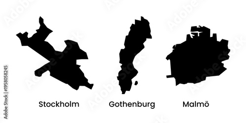 Sweden City Maps Stockholm Gothenburg Malmo Silhouette Vector
