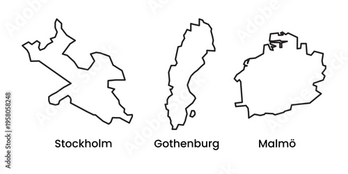 Stockholm Gothenburg Malmo City Outline Maps Sweden Vector Set