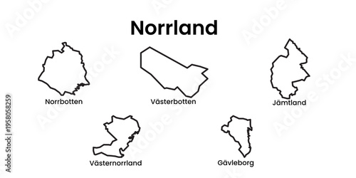 Norrland Sweden Regions Outline Map Administrative Vector Set
