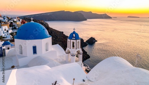 Picturesque coastal view of Santorini, Greece at sunset, whitewashed cliffside buildings with blue domes overlooking Aegean Sea, warm orange and pink sky reflecting on water, rugged cliffs in backgrou