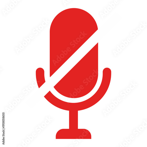 Vibrant red microphone icon with a diagonal slash, symbolizing muted audio, sound off, or disabled voice input for digital interfaces, online meetings, and communication apps
