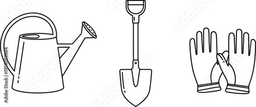 Simple black line icons depict essential gardening tools including a watering can a shovel and protective gloves