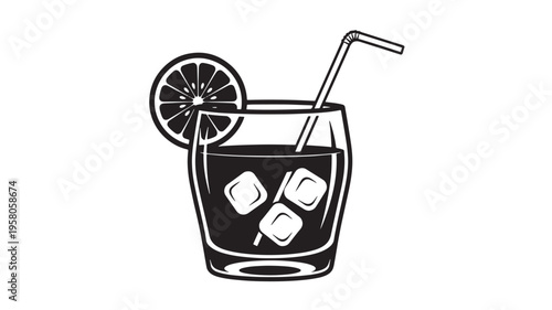 Glass of iced drink with straw and citrus slice, black and white vector illustration icon representing refreshment and beverages.